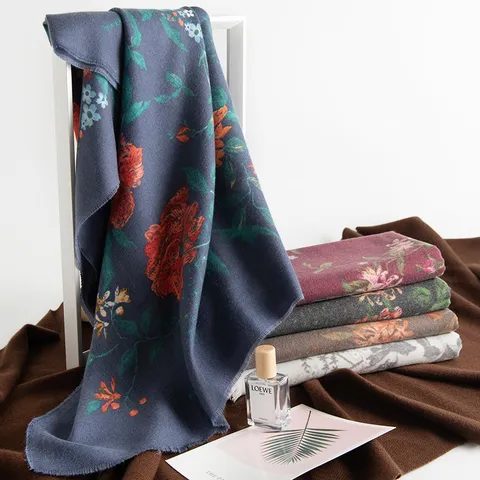 Bufanda de Imitación Cachemira Cálida de Invierno para Mujer Estilo Étnico Borla Floral Estampado Chal Largo Bufanda Suave