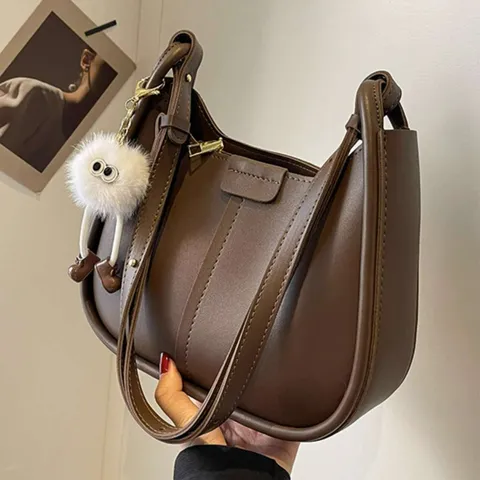 Women Fashion PU Leather Underarm Bag Contrast Stitching Shoulder Crossbody Bag With Monster Plush Charm Vintage Handbag