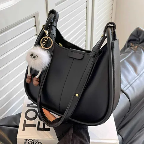 Women Fashion PU Leather Underarm Bag Contrast Stitching Shoulder Crossbody Bag With Monster Plush Charm Vintage Handbag