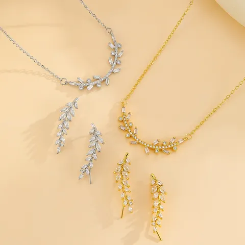 Set Collana E Orecchini Con Foglia Di Spiga Di Grano Moda In Rame Strass Set Di Gioielli Eleganti Donna Accessori Festa Quotidiana