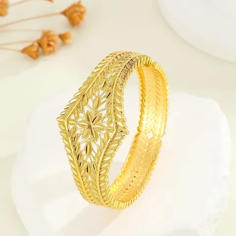 Stile Mediorientale Rame Placcato Oro Scolpito Traforato Foglia di Spiga di Grano Bracciale Rigido per Donna Gioielli da Matrimonio