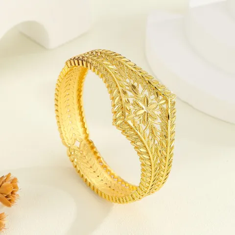 Stile Mediorientale Rame Placcato Oro Scolpito Traforato Foglia di Spiga di Grano Bracciale Rigido per Donna Gioielli da Matrimonio
