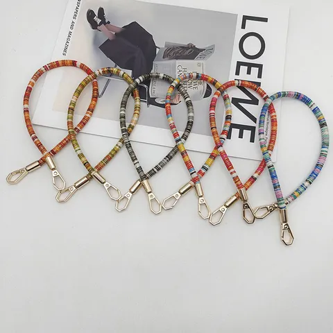 Colorful Polymer Clay Beaded Short Bag Strap Replacement Handbag Wrist Strap Phone Lanyard With Metal Hooks