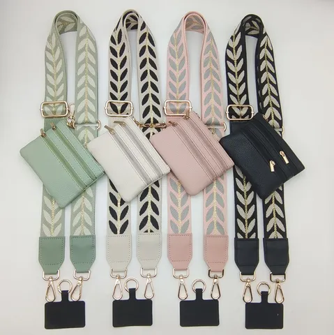 Wide Embroidered Leaf Pattern Crossbody Bag Strap With Detachable Coin Purse Phone Lanyard Accessories
