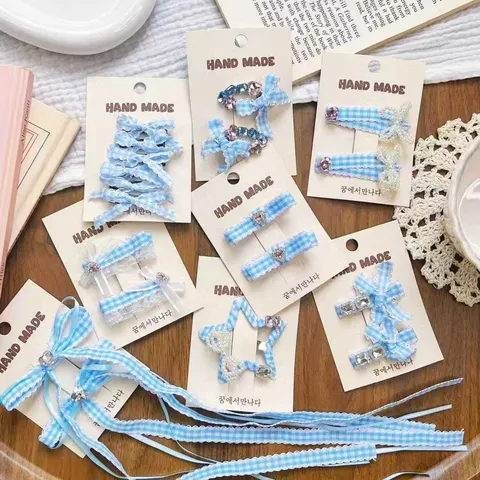 Dolce Carino Blu Rosa Quadri Fiocco Mollette Capelli Strass Forcine Accessori Per Bambini Ragazze Quotidiano