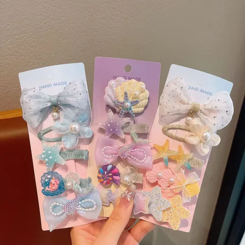 Set di Fermagli per Capelli in Resina e Perla per Bambini Fiocco Conchiglia Stella Forcine Regalo