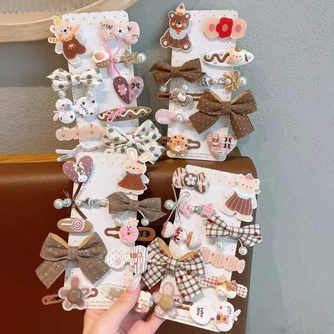 Set di Mollette per Capelli Carino Cartoon Gatto Coniglio Orso Marrone Tessuto Fiocco Forcine Accessori per Capelli Dolci per Bambine