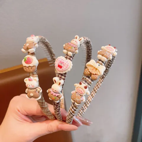 Kids Non-Slip Hair Hoop Cute Cartoon Animal Resin Bow Plaid Fabric Headband Girls Sweet Daily Hair Accessories