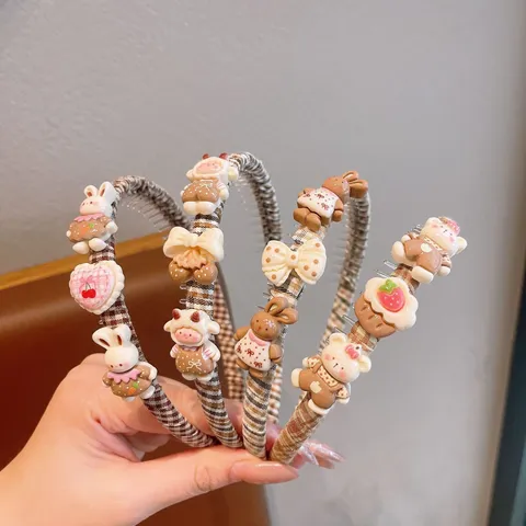Kids Non-Slip Hair Hoop Cute Cartoon Animal Resin Bow Plaid Fabric Headband Girls Sweet Daily Hair Accessories