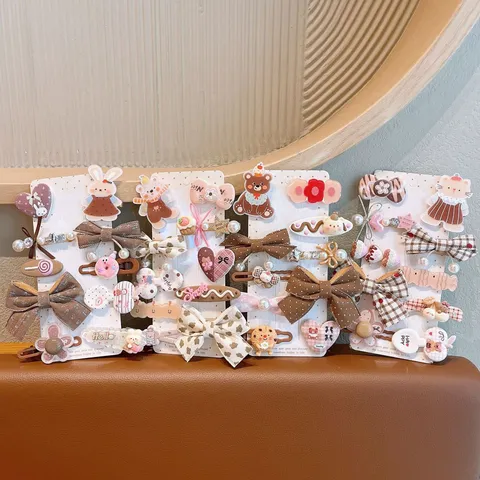 Set di Mollette per Capelli Carino Cartoon Gatto Coniglio Orso Marrone Tessuto Fiocco Forcine Accessori per Capelli Dolci per Bambine
