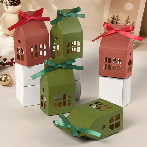 Christmas House Shaped Gift Box Bow Portable Candy Box Hollow Window Folding Paper Gift Box Party Favor Packaging
