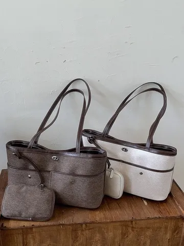 Mode Femmes Toile Cuir PU Patchwork Grande Capacité Sac à Bandoulière Minimaliste Sac Sous le Bras Avec Mini Pochette Style Coréen Sac de Trajet