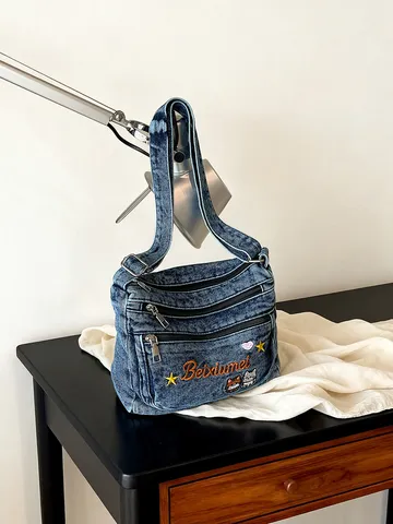 Women Casual Denim Crossbody Bag Multi-Compartment Washed Blue Black Fabric Shoulder Bag Cute Cat Embroidery Zipper Messenger Bag Daily Purse