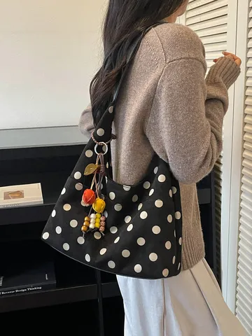 Vintage Polka Dot Underarm Shoulder Bag For Women Large Capacity Suede Look PU Tote Bag With Colorful Pendant Casual Daily Purse