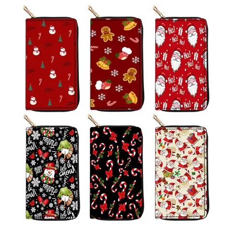 Christmas Series Long Zipper Wallet PU Leather Printed Clutch Purse Holiday Card Holder Multi Slot Women Wallet Gift