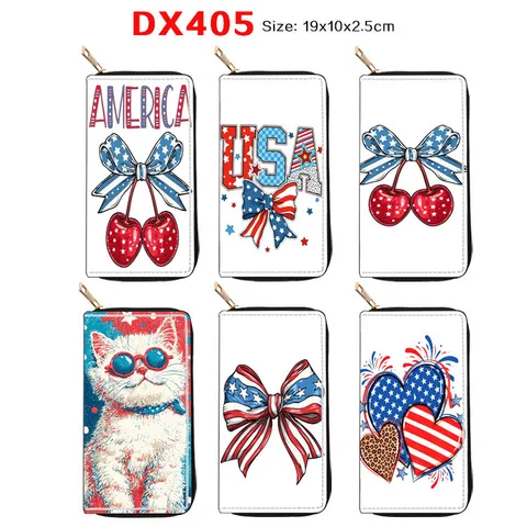 Women's Long Zipper Wallet PU Leather Printed Clutch Purse Card Holder American Flag Cherry Design Fashion Wallet