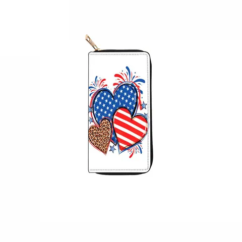 Women's Long Zipper Wallet PU Leather Printed Clutch Purse Card Holder American Flag Cherry Design Fashion Wallet