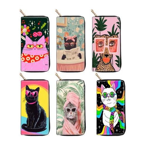 Women's Long Zipper Wallet PU Leather Cat Print Clutch Purse Multifunctional Card Holder Fashion Handbag