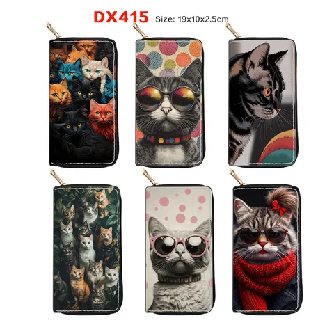 Women Long PU Leather Wallet Zip Around Clutch Purse Cute Cartoon Cat Whale Print Card Holder Handbag Pocket