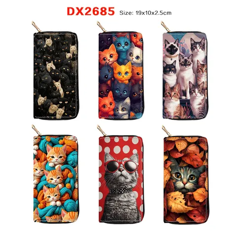 Women's PU Leather Long Zipper Wallet Cute Cartoon Cat Print Purse Fashion Daily Card Holder Clutch Bag
