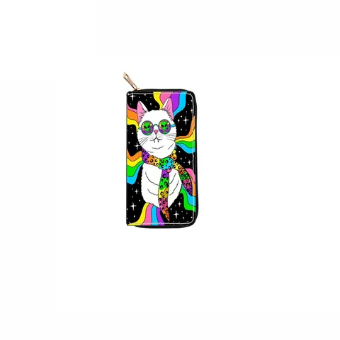 Women's Long Zipper Wallet PU Leather Cat Print Clutch Purse Multifunctional Card Holder Fashion Handbag