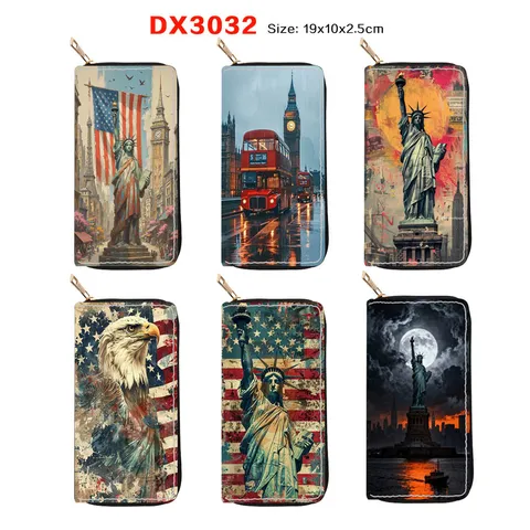 Women PU Leather Long Zipper Wallet Statue Of Liberty Cityscape Print Purse Large Capacity Card Holder Clutch Bag