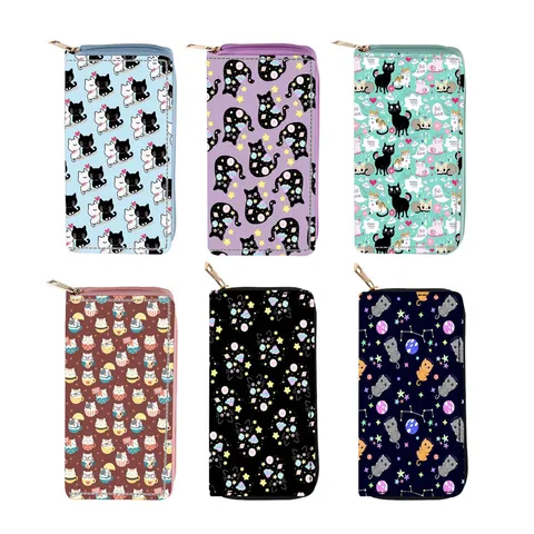 Women PU Leather Long Wallet Cute Cat Print Zipper Card Holder Purse Fashion Casual Clutch Purse Daily Handbag