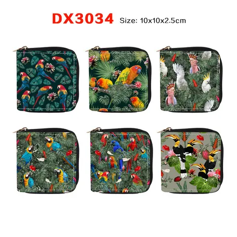 Womens Short PU Leather Wallet Tropical Floral Bird Print Zipper Coin Purse Card Holder Daily Fashion Purse