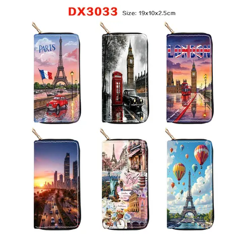 Women PU Leather Long Zipper Wallet European Scenery Print Purse Large Capacity Clutch Card Holder Fashion Handbag