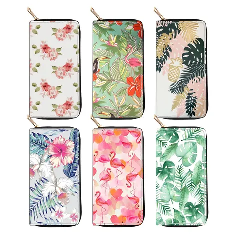 Women's Long Zip Wallet Tropical Flamingo Floral Print PU Leather Clutch Purse Multi-Card Slot Handbag