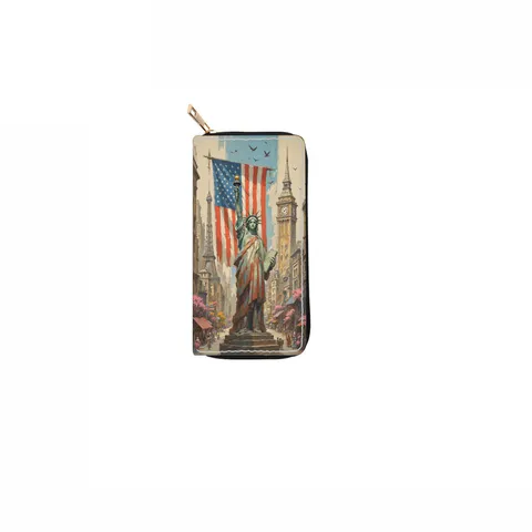 Women PU Leather Long Zipper Wallet Statue Of Liberty Cityscape Print Purse Large Capacity Card Holder Clutch Bag