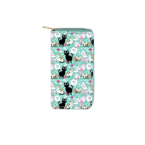 Women PU Leather Long Wallet Cute Cat Print Zipper Card Holder Purse Fashion Casual Clutch Purse Daily Handbag