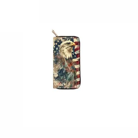 Women PU Leather Long Wallet American Flag Eagle Statue Of Liberty Print Zipper Clutch Purse Vintage Daily Handbag