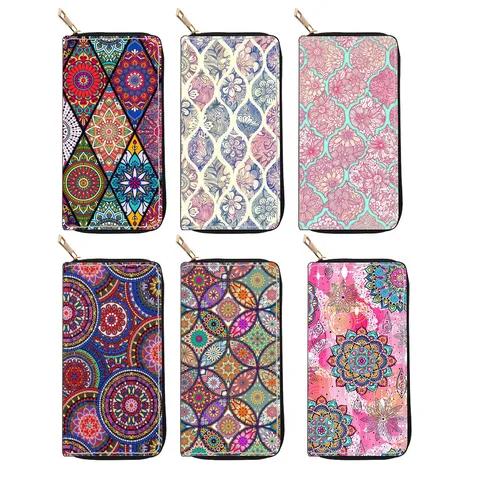 Women Long Zipper Wallet Mandala Floral Print PU Leather Clutch Purse Multi-Card Holder Chic Daily Handbag