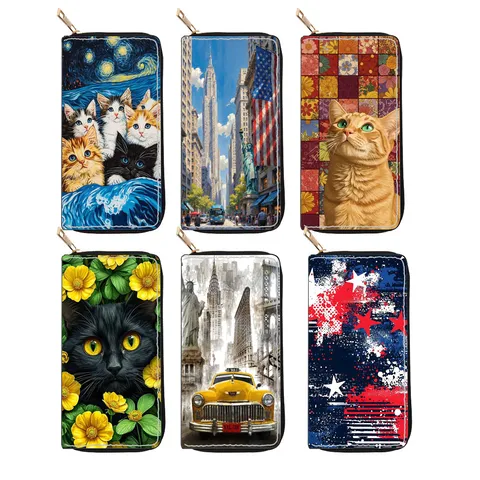 Women Long Zipper Wallet Fashion Cartoon Cat Art Print Clutch Purse PU Leather Daily Multi Card Holder Handbag