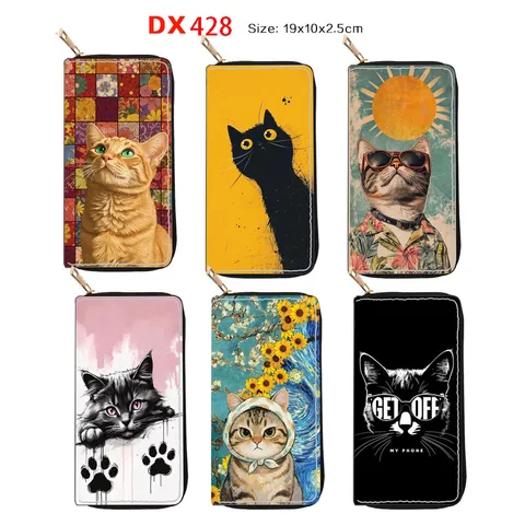 Women's Cute Cartoon Cat Print Long Wallet PU Leather Zipper Clutch Purse Fashion Card Holder Handbag