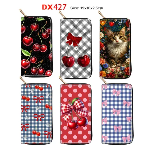 Women Long Zipper Wallet PU Leather Cute Bow Cherry Cat Print Clutch Purse Fashion Card Holder Handbag