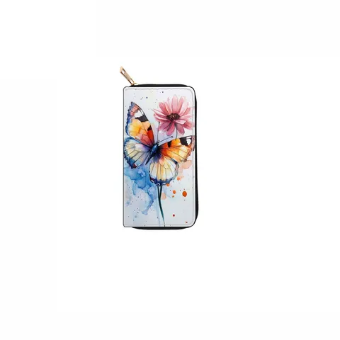 Womens Long Zipper Wallet PU Leather Watercolor Butterfly Print Handbag Fashion Clutch Purse Card Holder