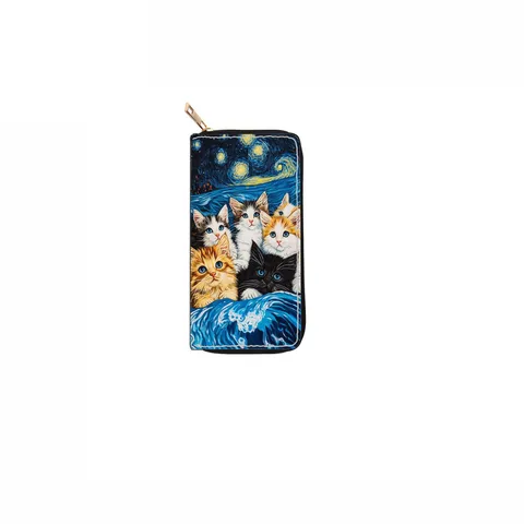 Women Long Zipper Wallet Fashion Cartoon Cat Art Print Clutch Purse PU Leather Daily Multi Card Holder Handbag