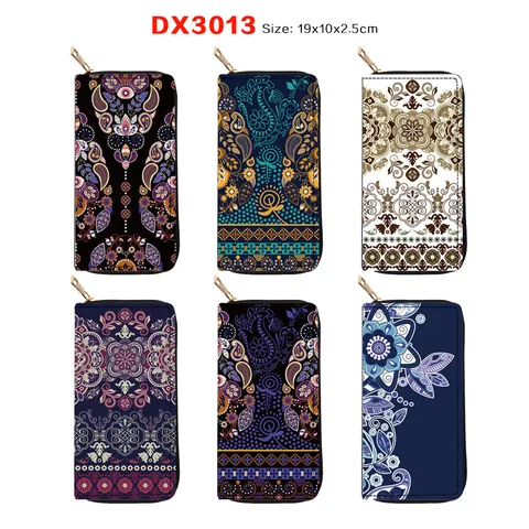 Bohemian Ethnic Print Long Wallet PU Leather Zipper Clutch Bag Multifunctional Large Capacity Purse For Women