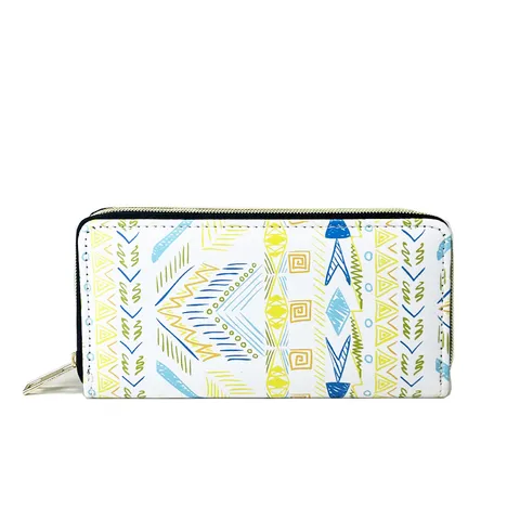 Bohemian Ethnic Style Long Zipper Wallet For Women PU Leather Multi-color Geometric Print Clutch Purse Card Holder