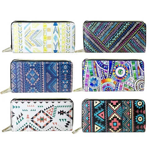 Bohemian Ethnic Style Long Zipper Wallet For Women PU Leather Multi-color Geometric Print Clutch Purse Card Holder