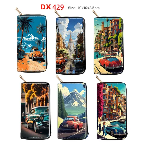 Women's Long Zipper Wallet PU Leather Vintage Car Print Clutch Purse Card Holder Fashionable Daily Handbag For Women