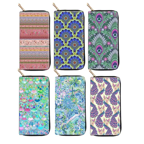 Women's Long Zipper Wallet Ethnic Style Multi-Pattern Printed PU Leather Clutch Purse Large Capacity Card Holder Handbag
