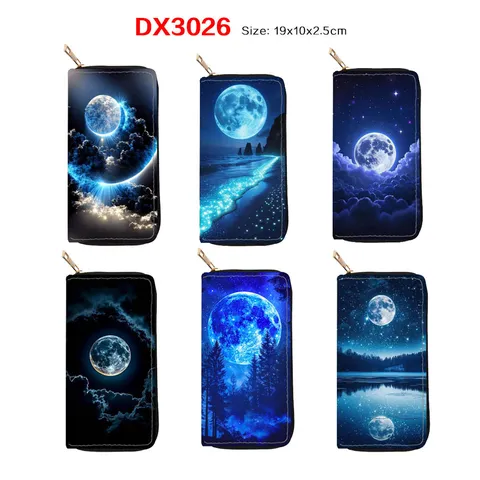 Women Long PU Leather Zipper Wallet Starry Sky Ocean Print Clutch Purse Multiple Card Slots Fashion Handbag