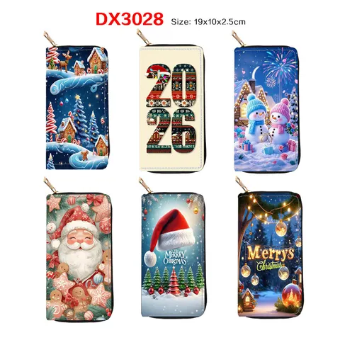 Christmas PU Leather Long Zipper Wallet For Women Festive Cartoon Print Wristlet Clutch Card Holder Purse