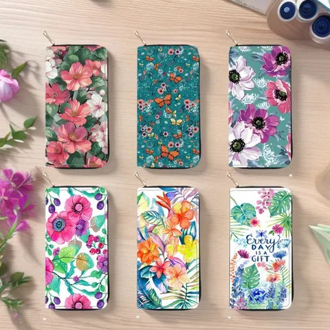 Women Long PU Leather Wallet Floral Printed Zipper Handbag Multifunctional Card Holder Purse Casual Daily Clutch Bag