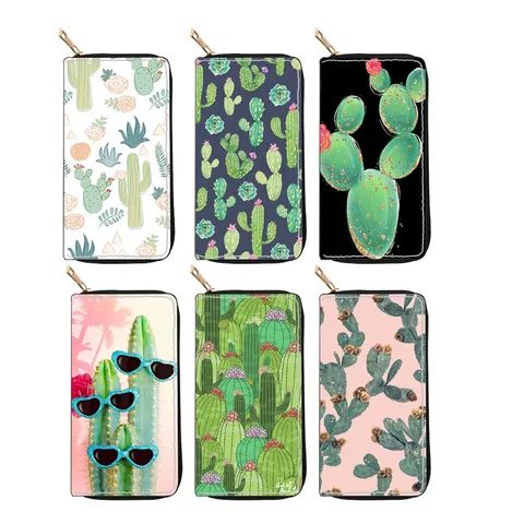 Women's Long Zipper Wallet PU Leather Ethnic Style Botanical Cactus Print Clutch Purse Card Holder Handbag