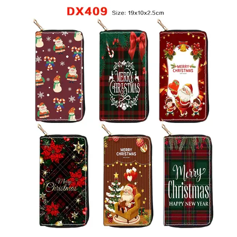 Christmas Series Long Zipper Wallet PU Leather Printed Card Holder Clutch Purse Women Daily Fashion Pocketbook