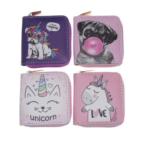Cartoon Anime Einhorn Welpe Druck PU Leder Kurze Reißverschluss Brieftasche Kinder Süße Kleine Geldbörse Kartenhalter Münzbeutel